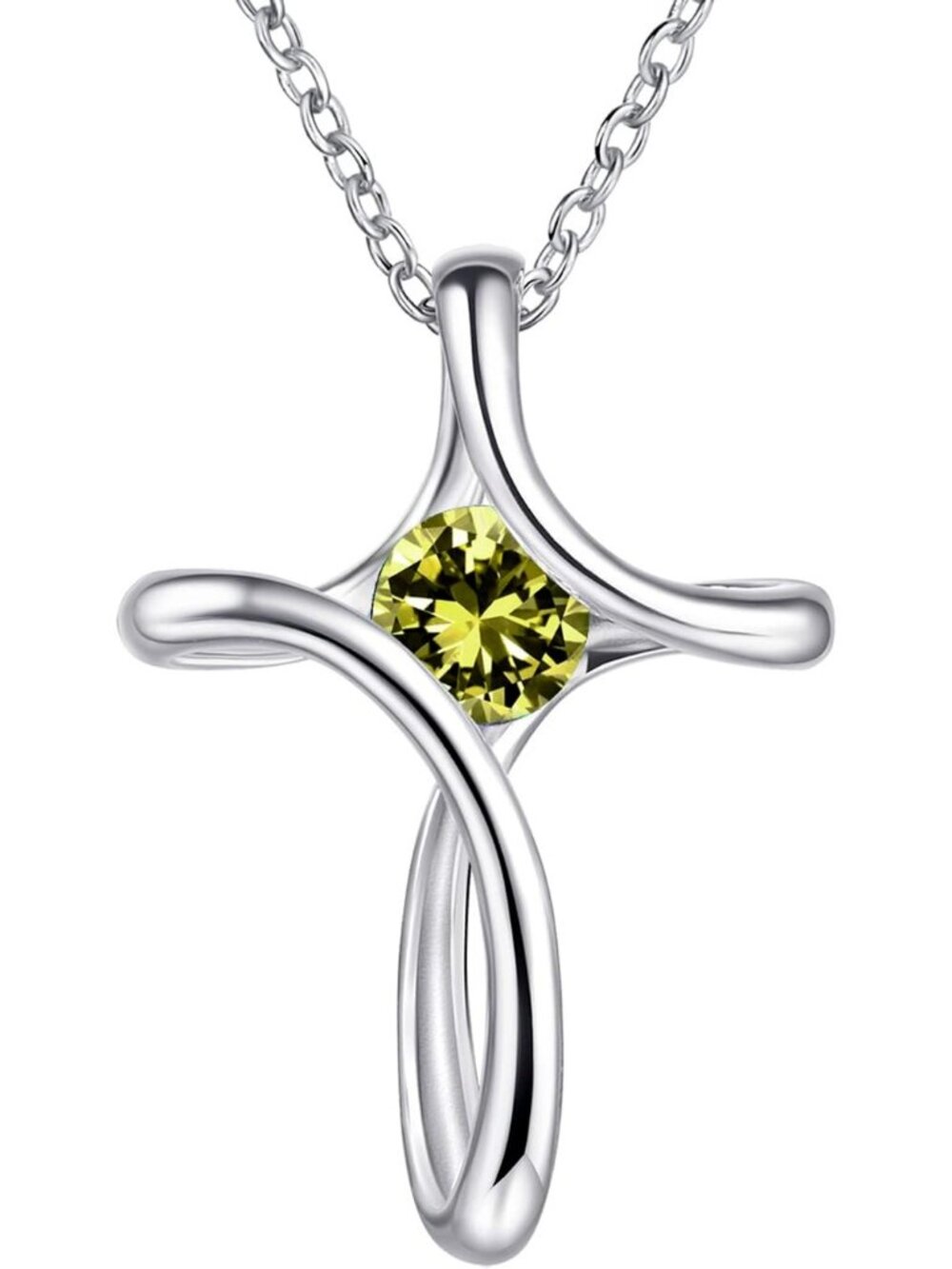 Women's Green Diamond Sideways Sterling Silver Birthstone Cross Chain Necklace